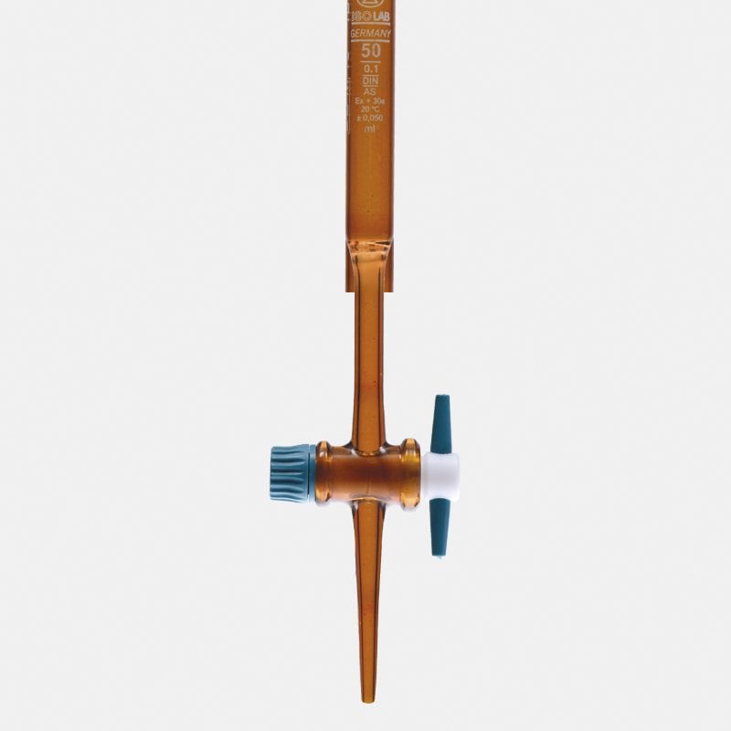 ISOLAB Büret - Düz - Amber - Ptfe Musluklu - As Kalite - Grup Sertifikalı - Beyaz Skala - 50 ml