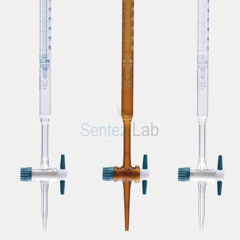 ISOLAB Büret - Düz - Amber - Ptfe Musluklu - As Kalite - Grup Sertifikalı - Beyaz Skala - 50 ml