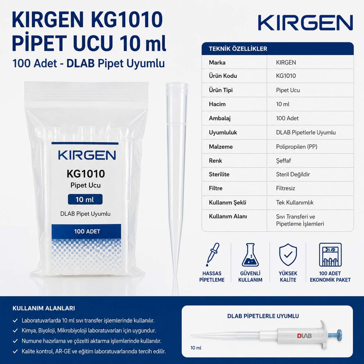 KIRGEN KG1010 Pipet Ucu 10 ml 100 Adet
