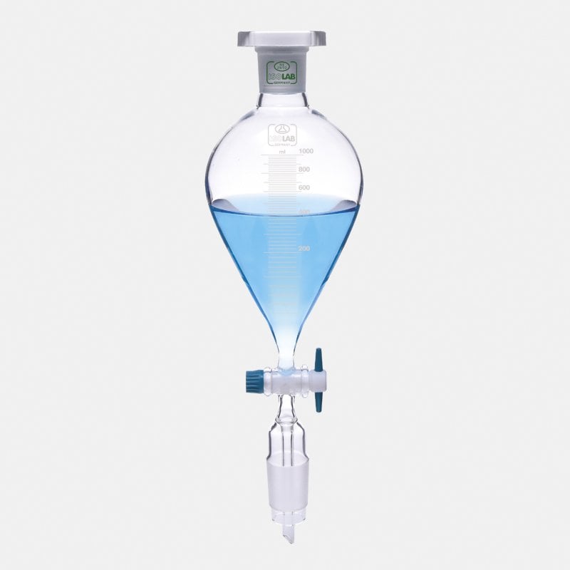 İSOLAB 032.01.050 damlatma hunisi - cam - armudi - dereceli - PTFE musluklu - 50 ml
