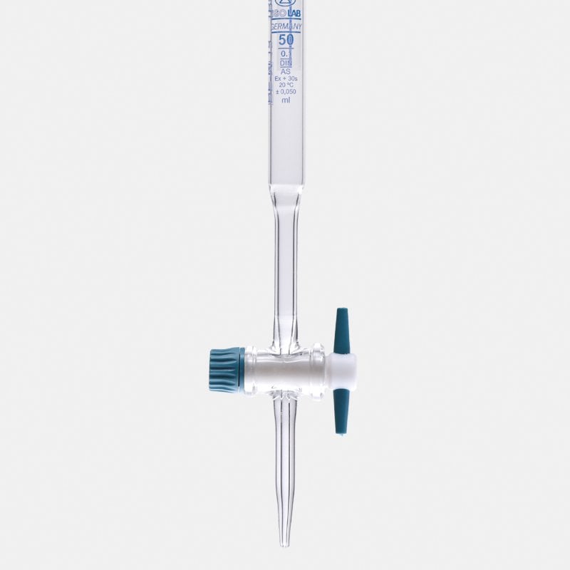 ISOLAB Büret - Düz - Şeffaf - Ptfe Musluklu - As Kalite - Grup Sertifikalı - Şelbah Çizgili - Mavi Skala - 10 ml