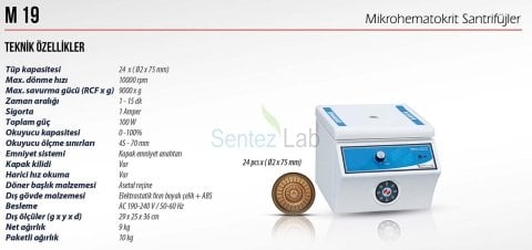 Elektromag M19 Mikrohematokrit Santrifüj 10000 rpm 24 Adet (Ø2 X 75 mm)