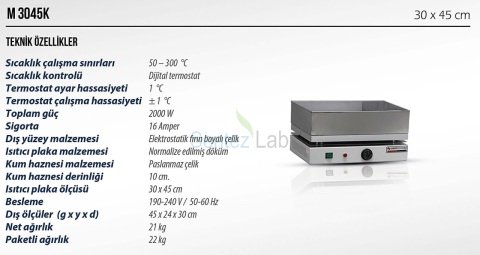 ELEKTROMAG M3045 K ISITMALI KUM BANYOSU 30x45x10 cm/300 °C