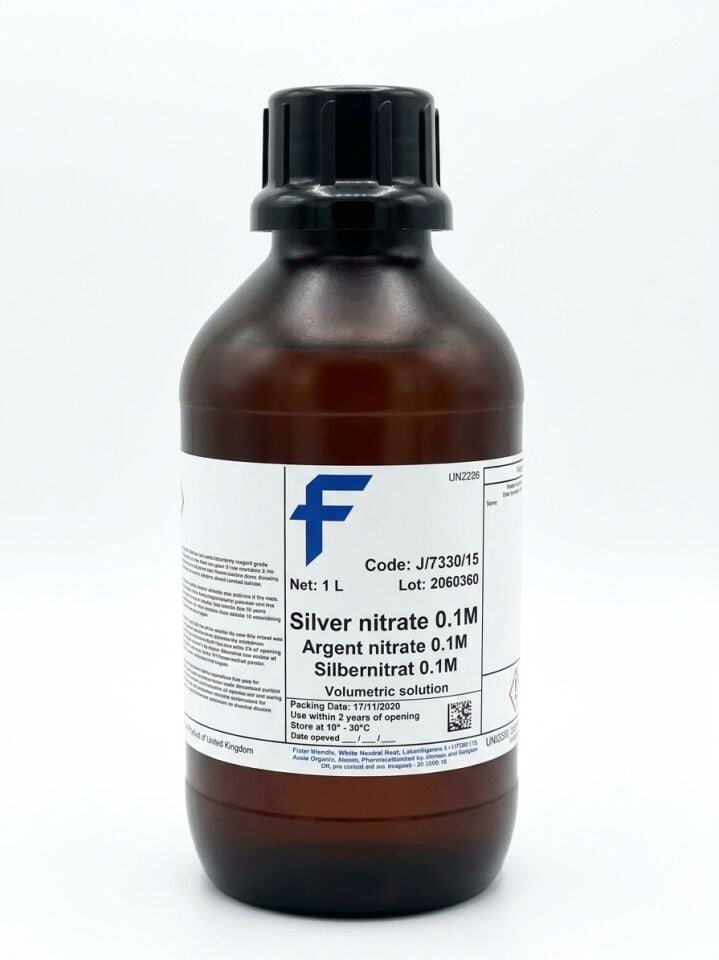 Fisher Chemical  Silver nitrate, Standard solution for volumetric analysis, 0.1M, (0.1N), meets the spec. of BP + Ph.Eur.  7761-88-8  1LT