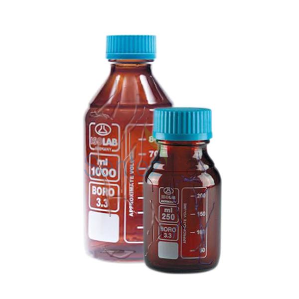 İSOLAB 061.02.250C şişe - borosilikat cam - amber - vidalı kapaklı - 250 ml - yüzey kaplı