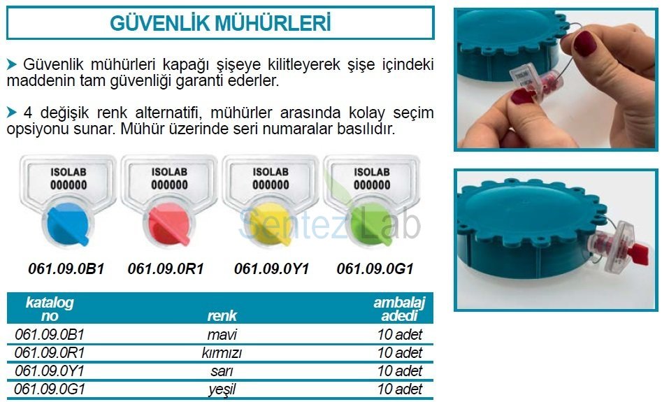 İSOLAB 061.09.0B1 güvenlik mühürü - geniş ağızlı şişeler için - mavi renkli (10 adet)