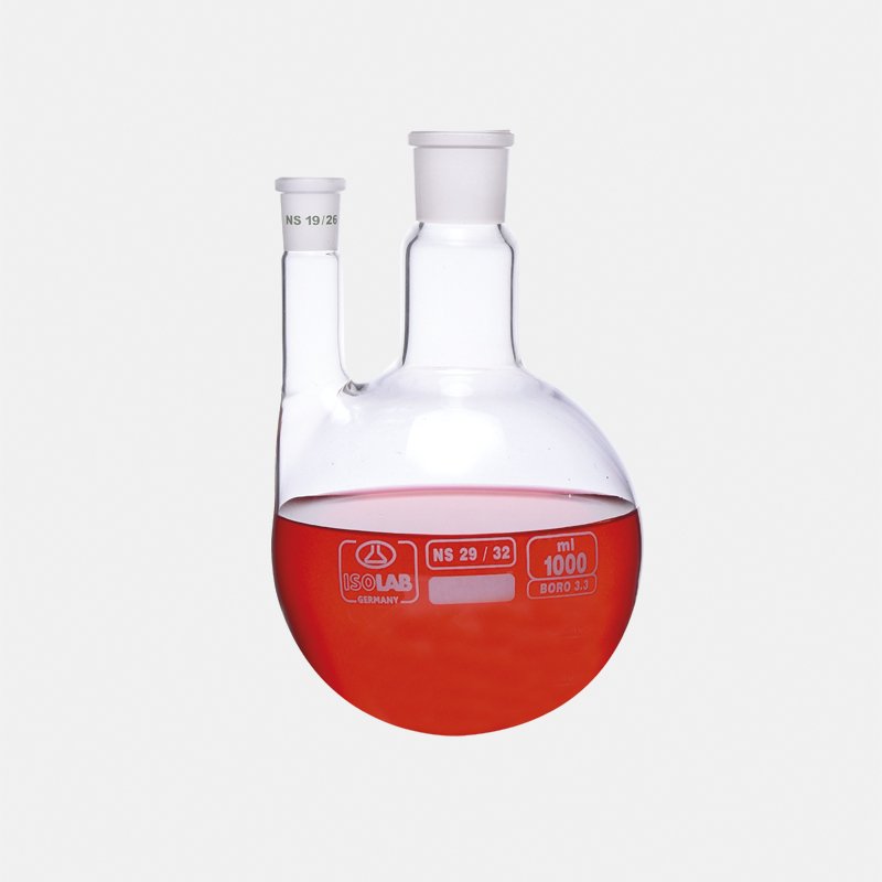 İSOLAB 030.34.250 balon - dibi yuvarlak - 2 boyunlu - paralel yan boyun - merkez boyun : NS 29/32 - yan dişi şilif : NS 19/26 - 250 ml