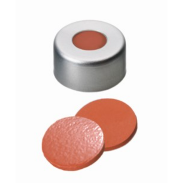 11mm Combination Seal: Aluminium Cap, clear lacquered, centre hole; Natural Rubber red-orange/TEF transparent, 60 shore A, 1.0mm