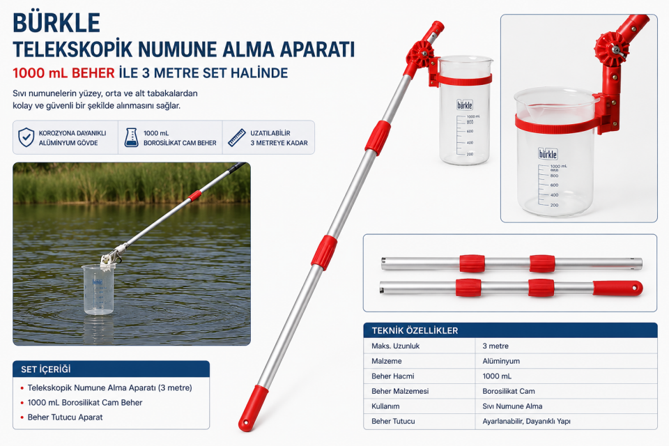 Burkle Telekskopik Numune Alma Aparatı 1000 ml Beher ile 3 Metre