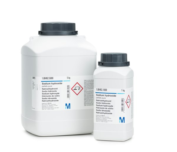 MERCK 106498 Sodium hydroxide pellets for analysis EMSURE® ISO. CAS No. 1310-73-2, EC Number 215-185-5