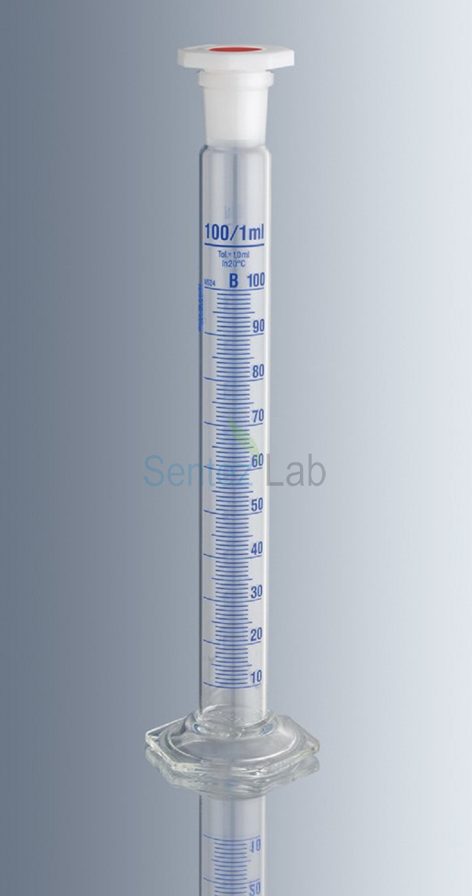 Superior Mezür Cam Karıştırma B Sınıfı Uzun Form Mavi Renk Taksimatlı Kapaklı Şilifli 29/32 250 ml 1 Adet