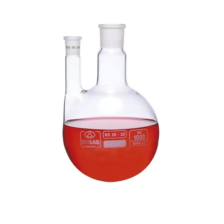 ISOLAB  Balon - Dibi Yuvarlak - 2 Boyunlu - Paralel Yan Boyun - Merkez Boyun : Ns 29/32 - Yan Dişi Şilif : Ns 14/23 - 100 Ml