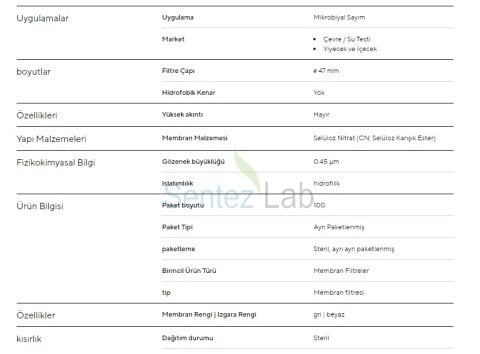 Selüloz Nitrat Membran Filtre 0,45 µm 47 mm Gri zemin üzerine beyaz çizgili 100 Adet/Paket