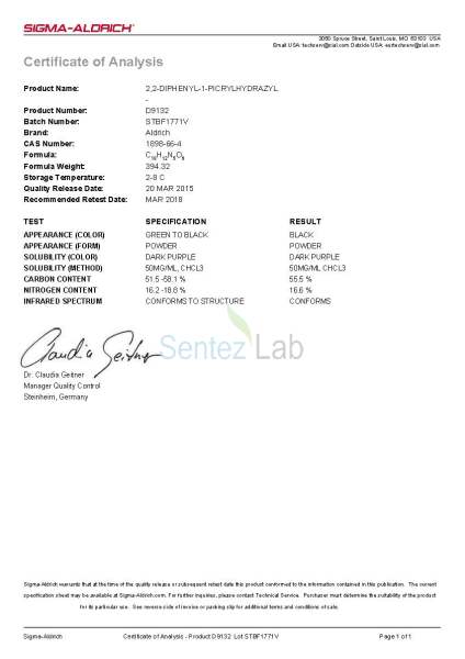 2,2-Diphenyl-1-picrylhydrazyl 1 GR Cas 1898-66-4 Termin Süresi 10-14 Hafta