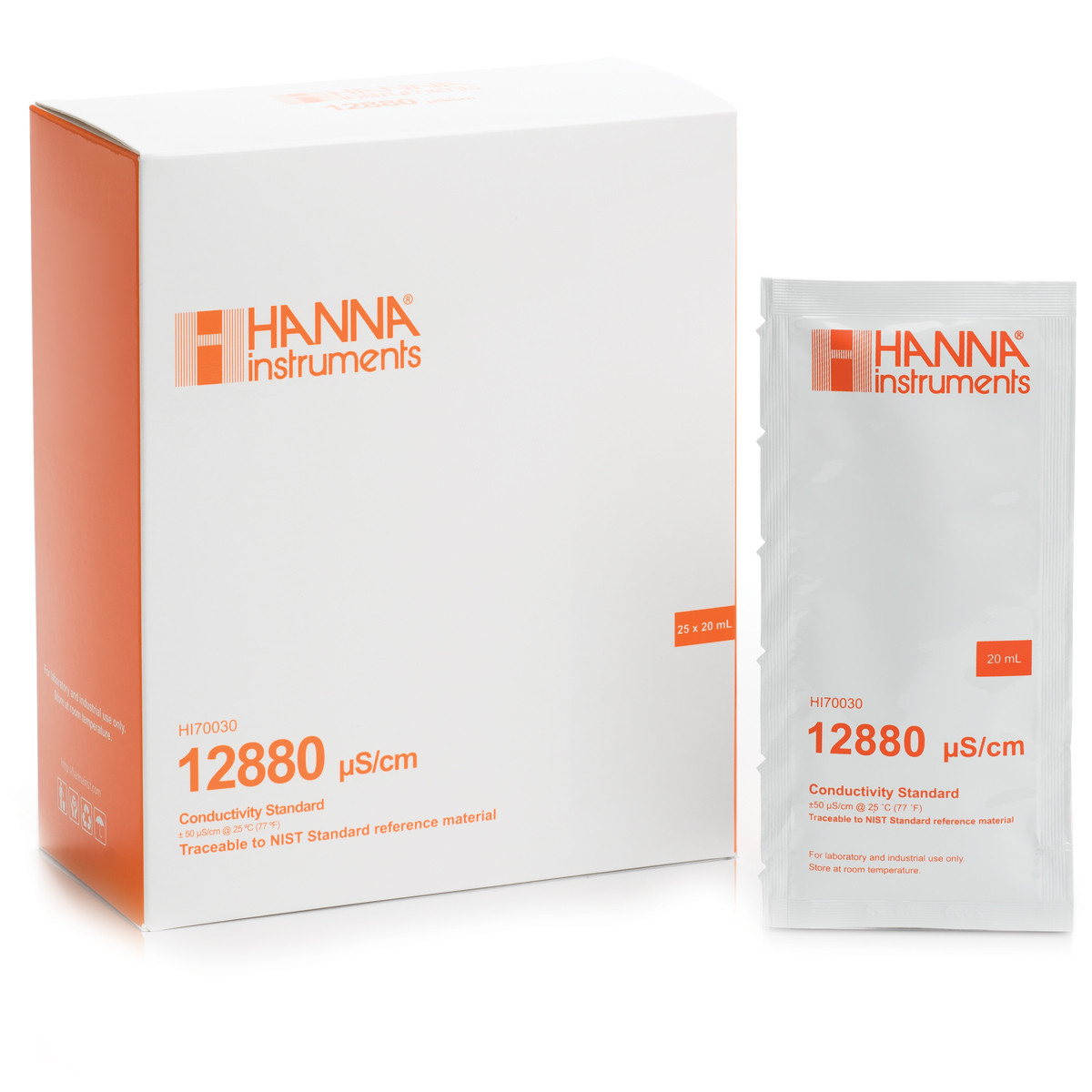 HANNA HI70030P 12,880 µS/cm @ 25°C EC Calibration Standard Sachets, (25 x 20mL)