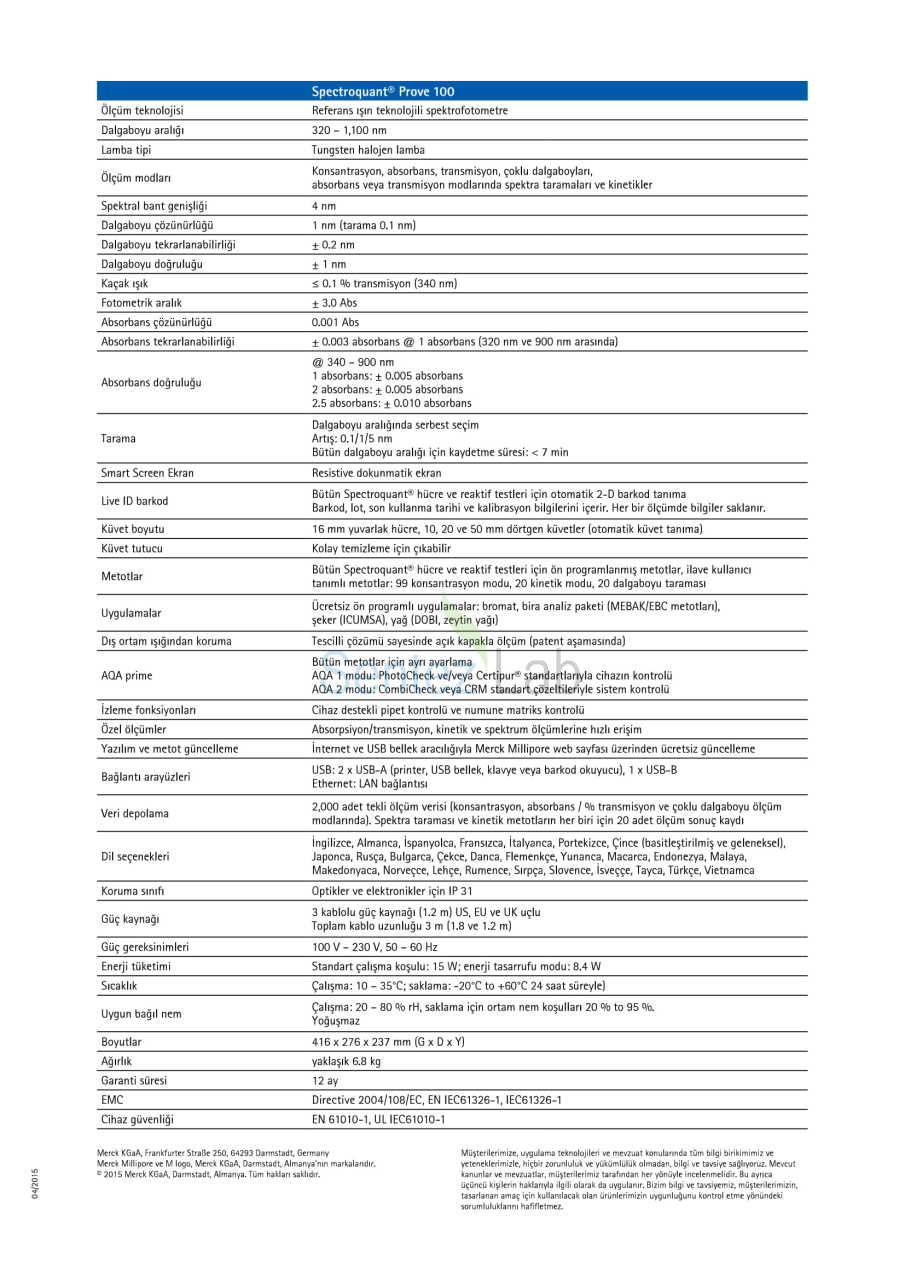 MERCK Spectroquant® Prove 100 VIS SPEKTROFOTOMETRE Atık Su Analizleri için 320... 1100 nm