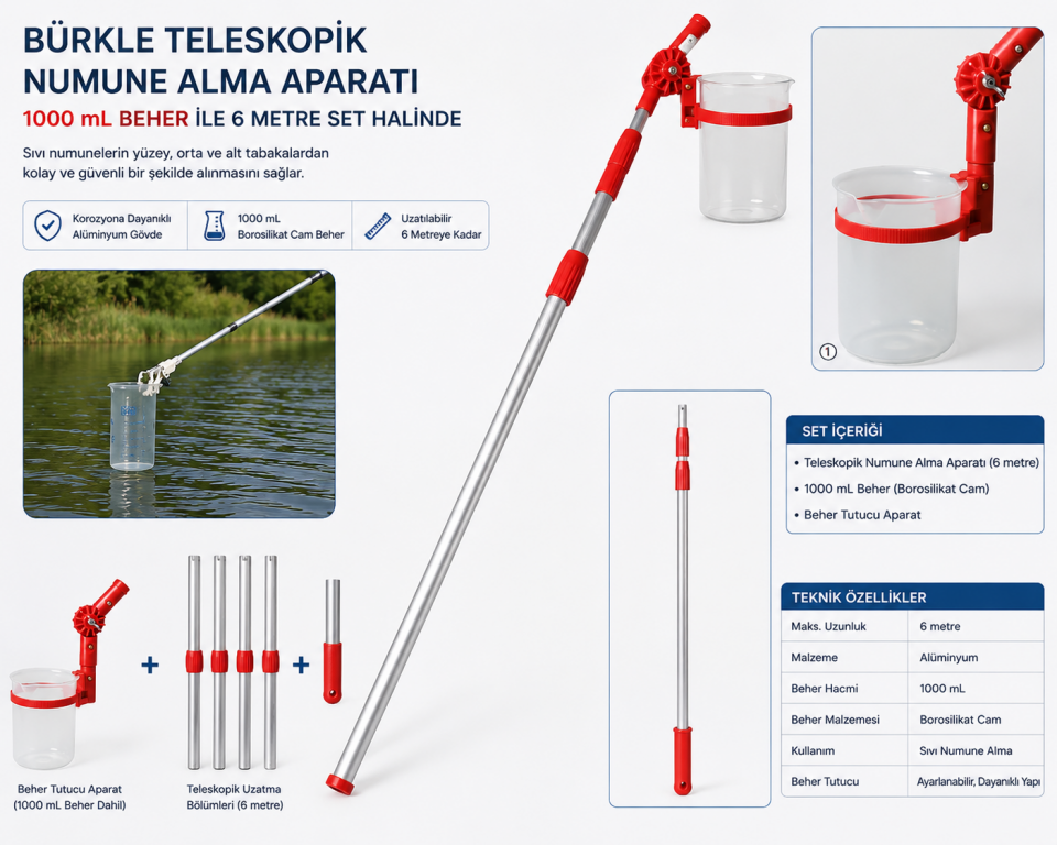 Burkle Telekskopik Numune Alma Aparatı 1000 ml Beher ile 6 Metre
