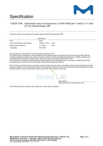 MERCK 100326 Hydrochloric acid 0,1 mol/l (0,1N) in 2-propanol