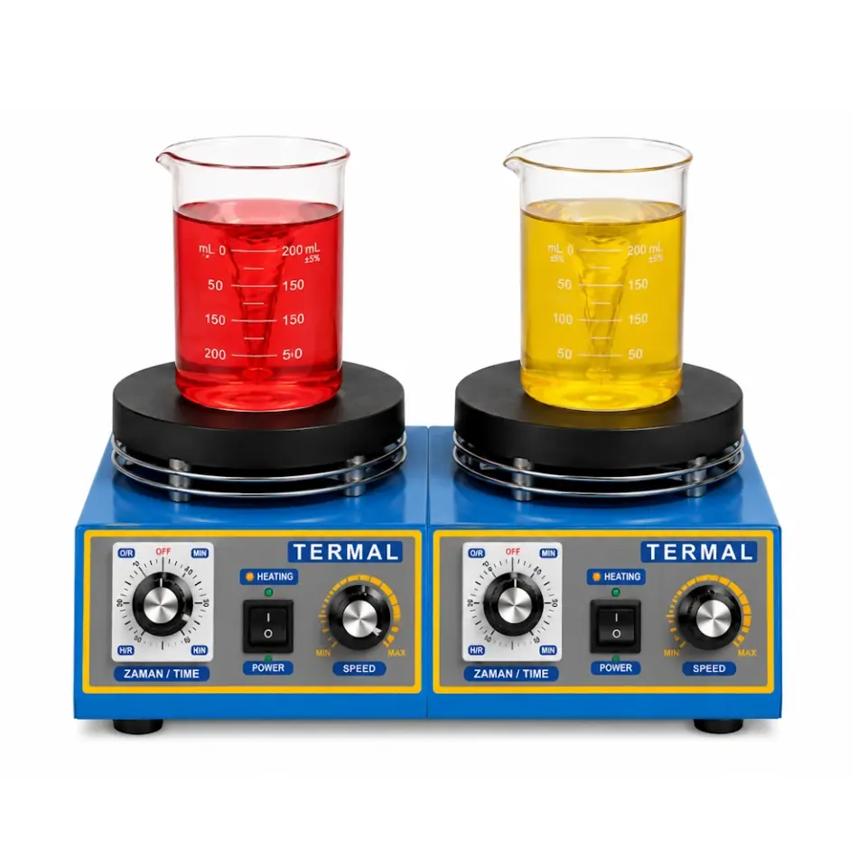 Termal N11152M 2 Gözlü Isıtıcılı Manyetik Karıştırıcı / 2×2 L / her göz bağımsız / 0...1600 d/dak / ortam +5...380°C / analog termostat ve dimmer / Ø160 mm alüminyum plaka / 2 manyetik balık