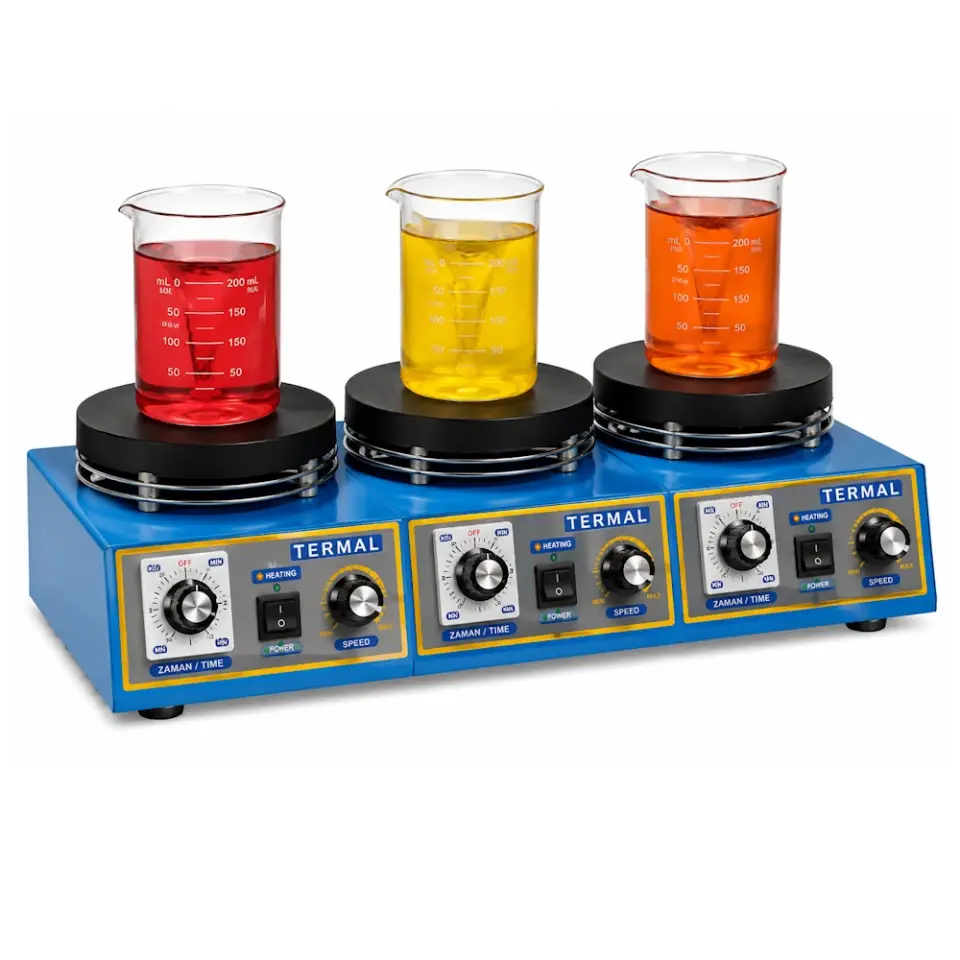 Termal N11153M 3 Gözlü Isıtıcılı Manyetik Karıştırıcı / 3×2 L / her göz bağımsız / 0...1600 d/dak / ortam +5...380°C / analog termostat ve dimmer / Ø160 mm alüminyum plaka / 3 manyetik balık