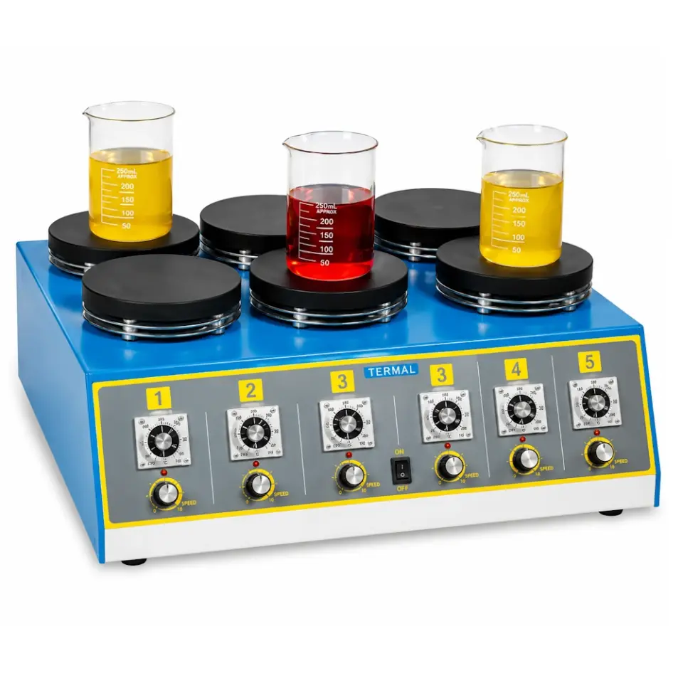 Termal N11156 6 Gözlü Isıtıcısız Manyetik Karıştırıcı / 6 göz / her göz bağımsız / göz başına 2 L / 0...1600 d/dak / analog dimmer / Ø160 mm alüminyum plaka / 6 manyetik balık
