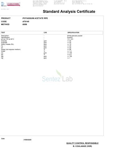 Potassium acetate, RPE - For analysis, 1 kg, Plastic bottle Cas 127-08-2