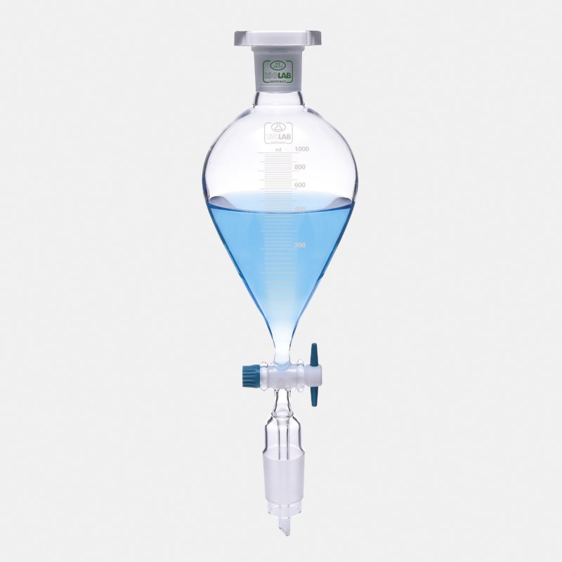 İSOLAB 032.01.100 damlatma hunisi - cam - armudi - dereceli - PTFE musluklu - 100 ml