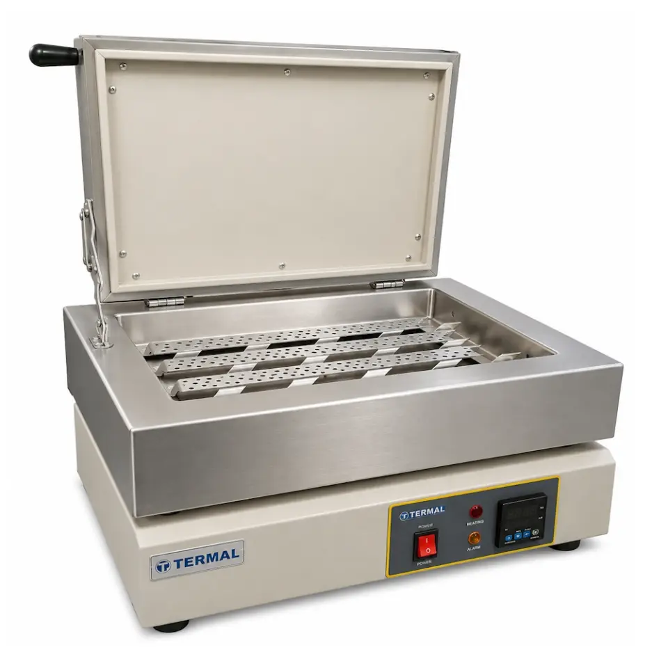 Termal L11460 Lam Kurutucu / Isıtıcı Plaka / 90 lam kapasitesi / ortam +10...100°C / PID dijital kontrol / 0,1°C ayar-okuma / ±2°C sıcaklık hassasiyeti / 1...9999 dk zamanlayıcı / 1500 W / 650×460×300 mm