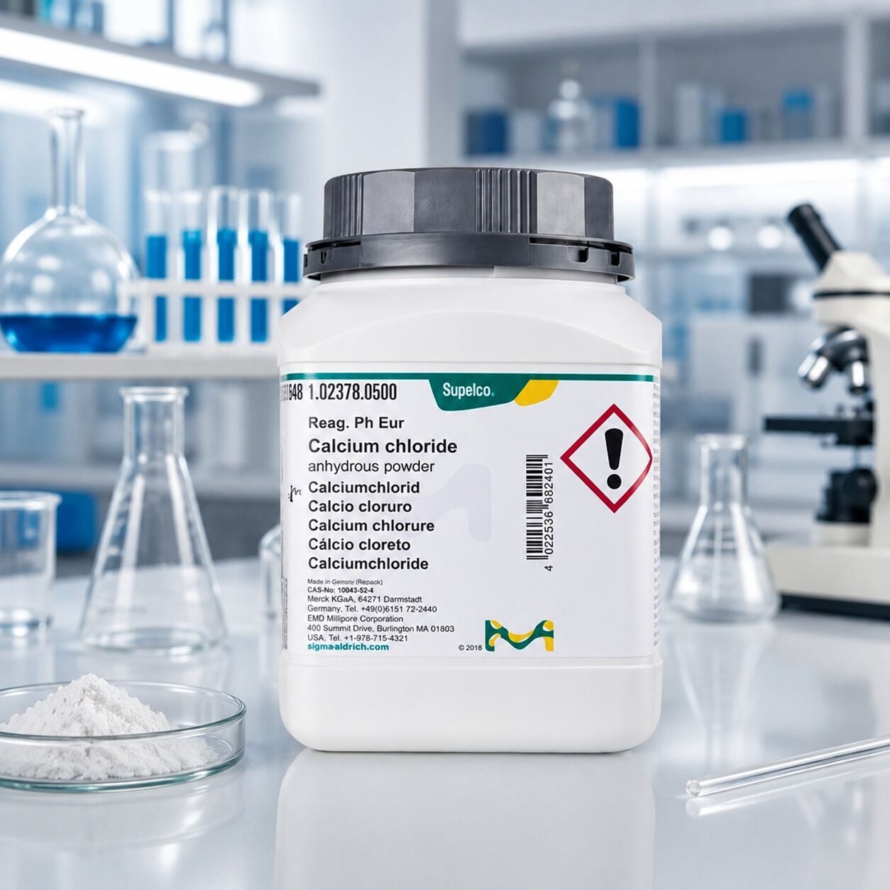 MERCK 102378 Calcium chloride anhydrous powder Reag. Ph Eur. CAS 10043-52-4, chemical formula CaCl₂.