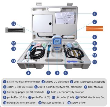 APERA SX751 8-in-1 Taşınabilir pH/DO/ORP/İletkenlik/TDS/Tuzluluk/Rezistivite/Sıcaklık Ölçüm Cihazı Kiti