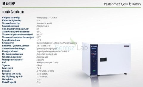 Elektromag M420 BP Fanlı İnkübatör (Paslanmaz Çelik İç Gövdeli) 48 L / +5 °C... 99,9 °C