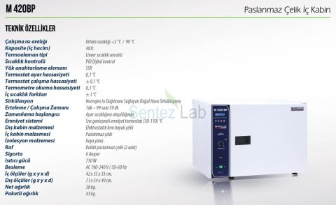 Elektromag M420 BP Fanlı İnkübatör 48L (Paslanmaz Çelik İç Gövdeli) – Laboratuvar İnkübatörü